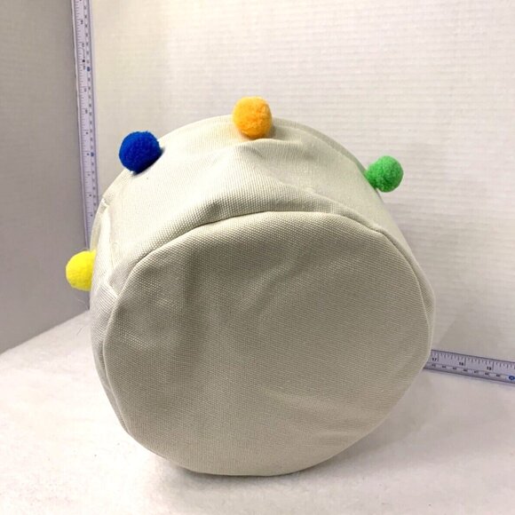 Beige Canvas Easter Basket with Multicolor Pom Poms Lavendar Lining - Picture 3 of 5